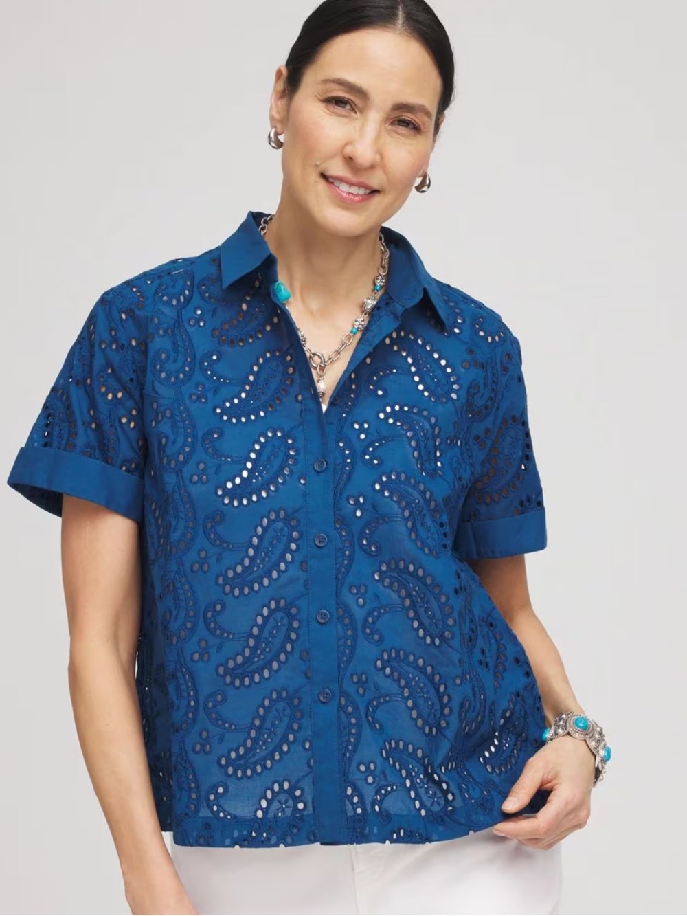 NWOT Chicos  Eyelet Embroidered Button-Front Top SZ 1/8